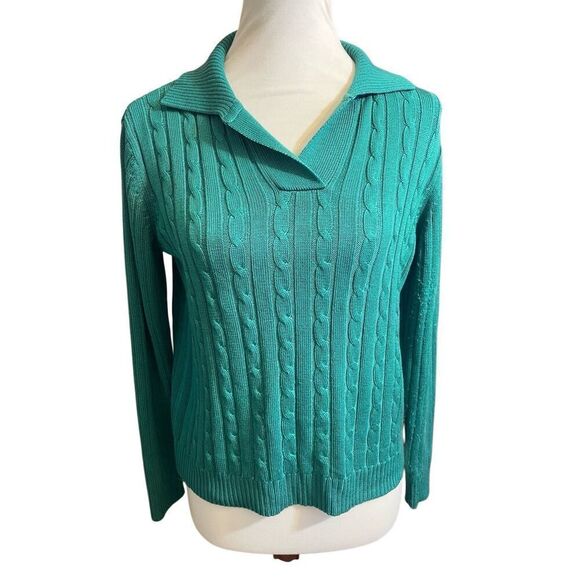 White Stag Green V-Neck Cable Knit Collared Long Sleeve Sweater Size Small - Picture 2 of 7